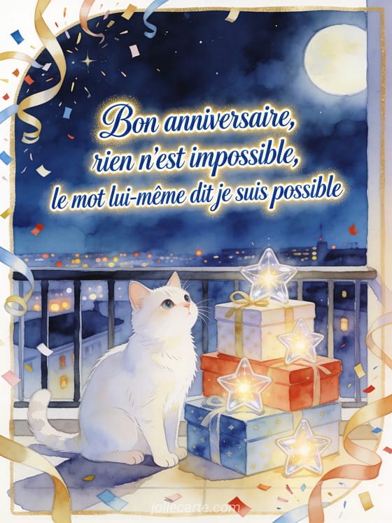 Chat blanc près de cadeaux et d’étoiles sur un balcon avec le texte Bon anniversaire, rien n'est impossible, le mot lui-même dit je suis possible