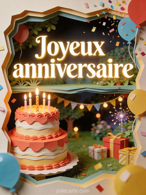 Gâteau d'anniversaire à étages avec glaçage corail, bougies, ballons, cadeaux et texte Joyeux anniversaire