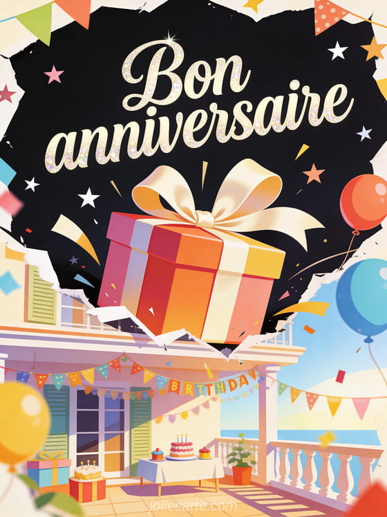 Grand cadeau avec ruban satin, ballons, confettis étoilés, petits gâteaux et texte Bon anniversaire sur une terrasse