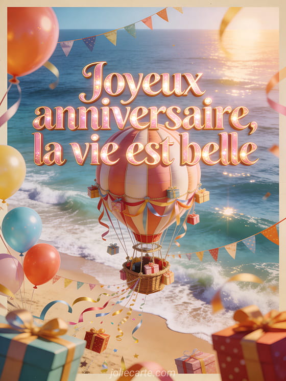Montgolfière festive avec rubans, petits cadeaux, ballons, fanions, mer ensoleillée et texte Joyeux anniversaire