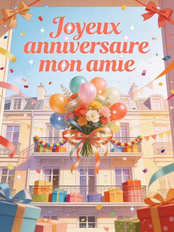 Bouquet de ballons et fleurs avec rubans, confettis, cadeaux, balcon de fête et texte Joyeux anniversaire mon amie