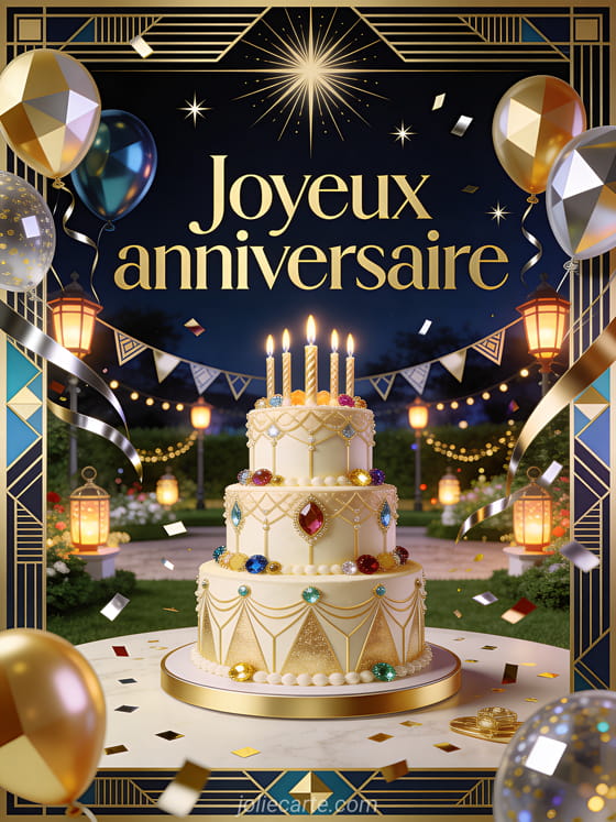Gâteau d'anniversaire doré avec bougies, ballons angulaires, lanternes, guirlandes et texte Joyeux anniversaire