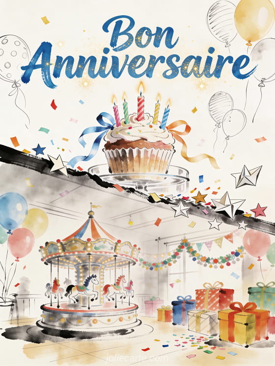 Carrousel de cupcakes avec bougies, rubans, ballons, étoiles en papier, cadeaux et texte Bon anniversaire
