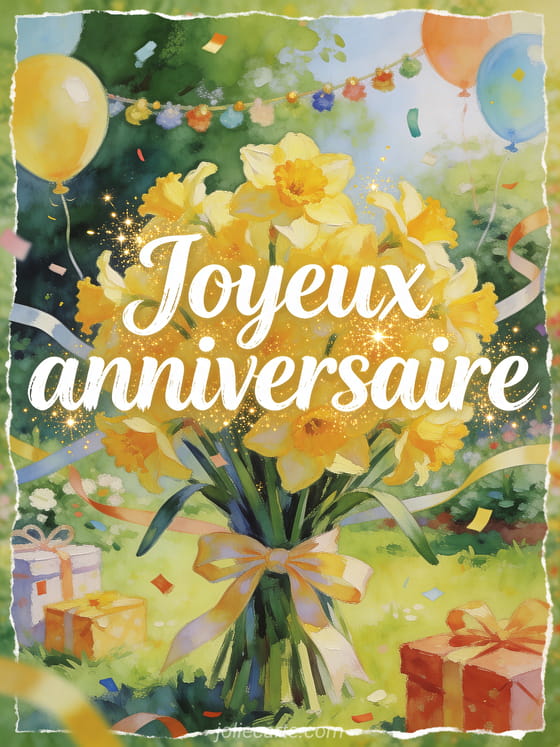 Bouquet de jonquilles avec ruban, ballons, confettis, cadeaux, jardin printanier et texte Joyeux anniversaire