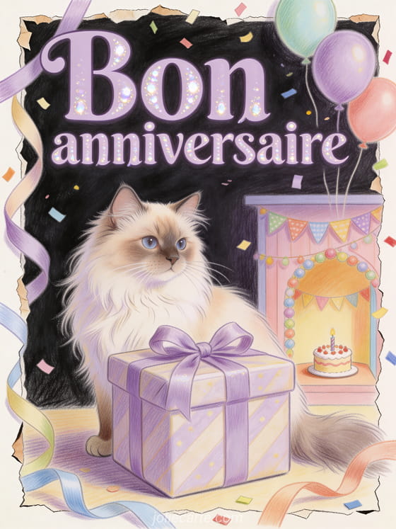 Chat angora turc près d'un grand cadeau avec rubans, ballons, guirlandes, petit gâteau et texte Bon anniversaire