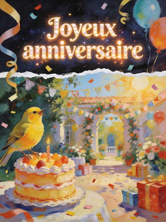 Oiseau canari près d'un gâteau d'anniversaire avec ballons, rubans, cadeaux, cour fleurie et texte Joyeux anniversaire