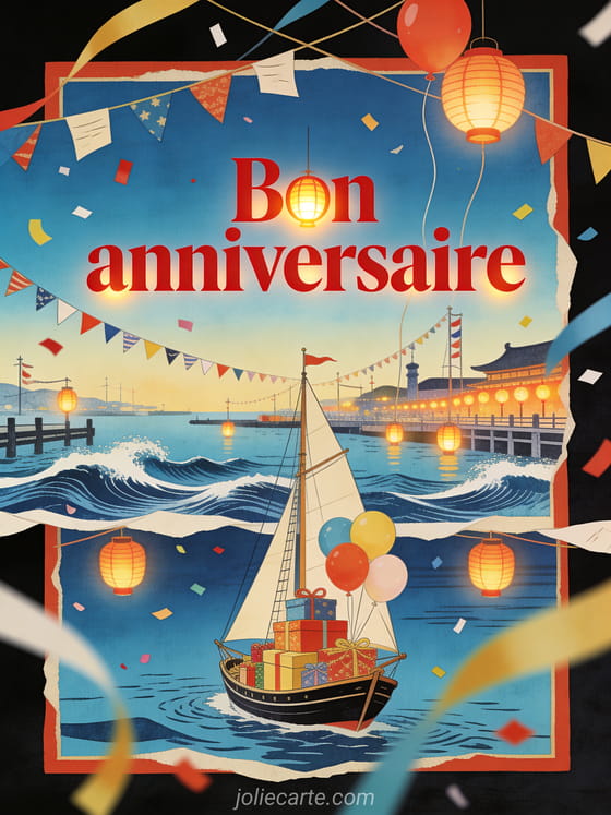 Voilier festif chargé de cadeaux et ballons, avec rubans, fanions, lanternes, vagues et texte Bon anniversaire