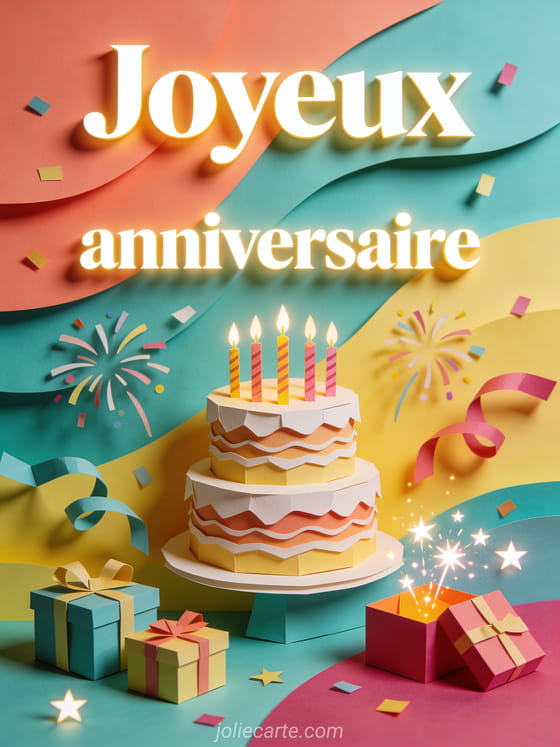 Grand gâteau d'anniversaire en papier découpé avec bougies, rubans, confettis, cadeaux et texte Joyeux anniversaire
