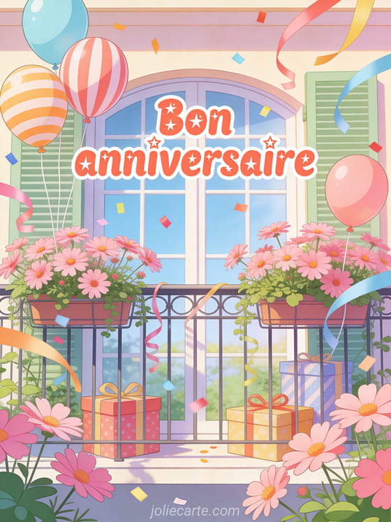 Jardin de balcon avec cosmos roses, ballons rayés, cadeaux, rubans, confettis et texte Bon anniversaire