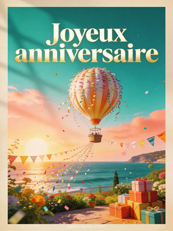 Grande montgolfière d'anniversaire avec rubans, fanions, confettis, cadeaux et texte Joyeux anniversaire près de la mer