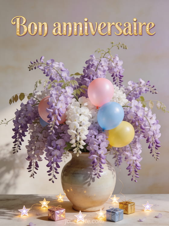 Bouquet de glycines dans un vase avec ballons colorés, petites lumières, cadeaux et texte Bon anniversaire