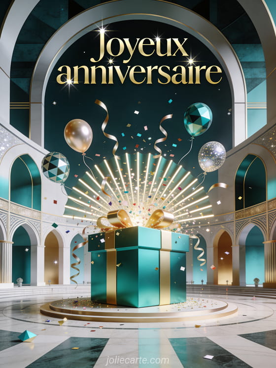 Grand cadeau émeraude avec confettis, rubans, ballons géométriques, rayons lumineux et texte Joyeux anniversaire