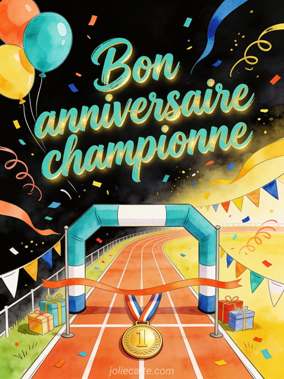 Piste de course avec médaille, arche de ballons, fanions, cadeaux, confettis et texte Bon anniversaire championne