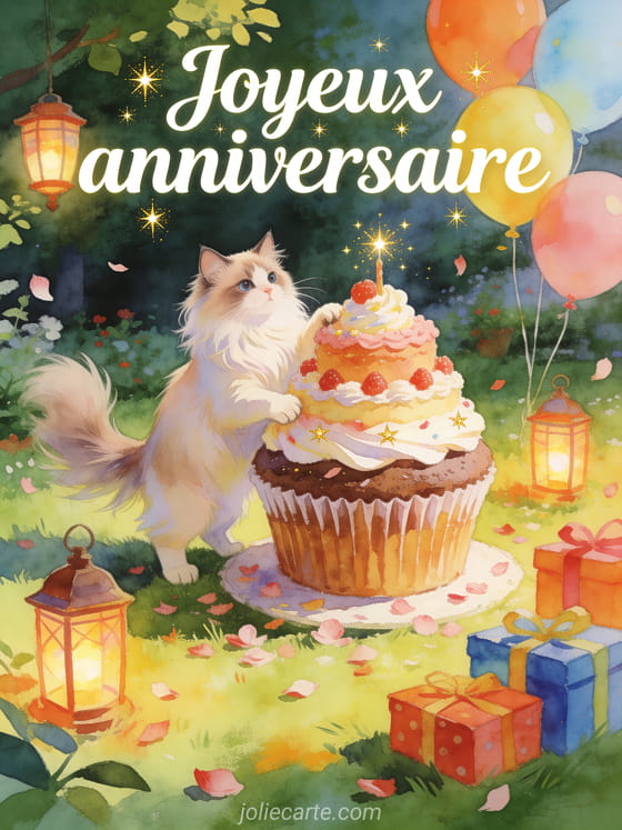 Chat angora turc près d'une tour de cupcakes avec lanternes, ballons, pétales, cadeaux et texte Joyeux anniversaire