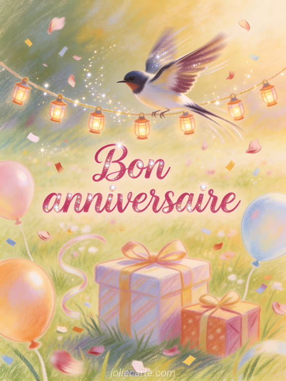 Oiseau bergeronnette autour de lanternes d'anniversaire avec prairie, ballons, cadeaux, confettis et texte Bon anniversaire