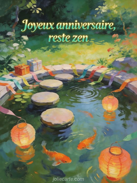 Bassin de jardin avec poissons koi, lanternes, pierres, rubans, cadeaux et texte Joyeux anniversaire, reste zen