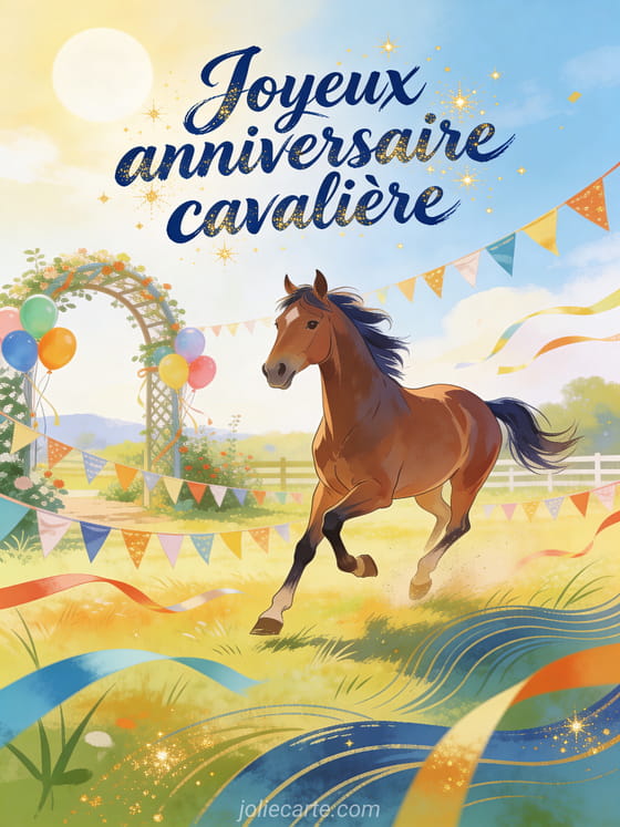 Cheval alezan dans un champ avec fanions, rubans, ballons, arche de jardin et texte Joyeux anniversaire cavalière