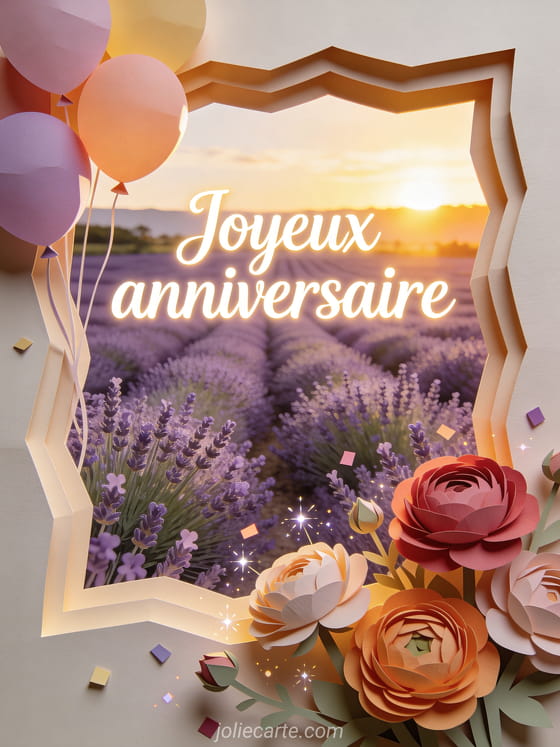 Prairie de lavande au lever du soleil avec renoncules, ballons pastel, confettis et texte Joyeux anniversaire