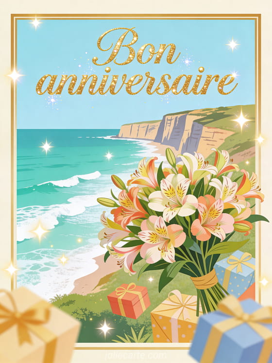Falaise côtière avec mer turquoise, bouquet d'alstroemerias, cadeaux, lumières étoilées et texte Bon anniversaire