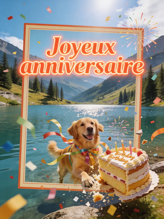 Chien golden retriever avec rubans près d'un gâteau, lac de montagne, pins, confettis et texte Joyeux anniversaire