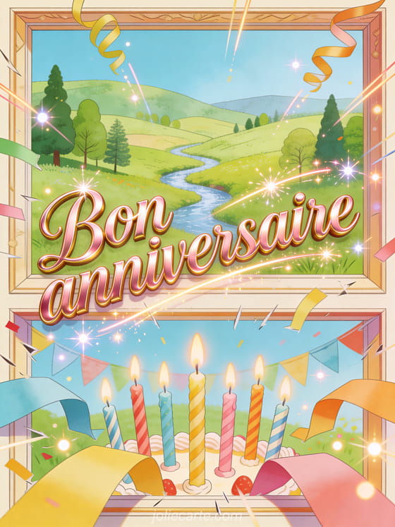 Vallée printanière avec rivière, bougies d'anniversaire, guirlandes en papier, lumières et texte Bon anniversaire