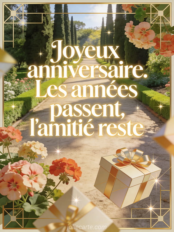 Jardin avec allées de cyprès, géraniums, cadeaux élégants et texte Joyeux anniversaire, les années passent