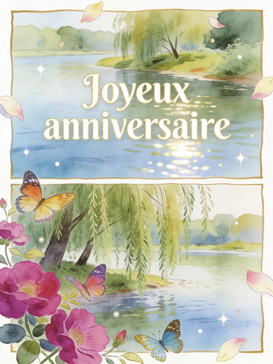 Papillons colorés et fleurs de fuchsia devant une rivière d'été avec saules, reflets et texte Joyeux anniversaire
