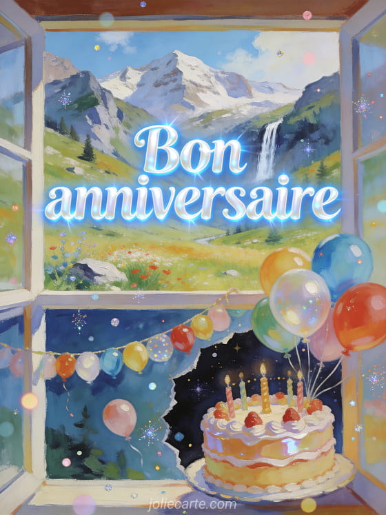 Prairie alpine avec cascade lointaine, guirlande de ballons, gâteau brillant et texte Bon anniversaire