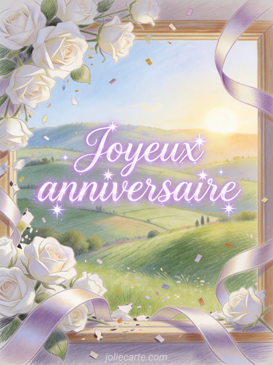 Collines de campagne au soleil avec roses blanches, rubans satin, confettis et texte Joyeux anniversaire