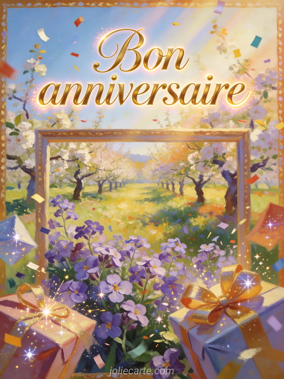 Verger en fleurs au printemps avec aubriètes, cadeaux emballés, rayons lumineux, confettis et texte Bon anniversaire