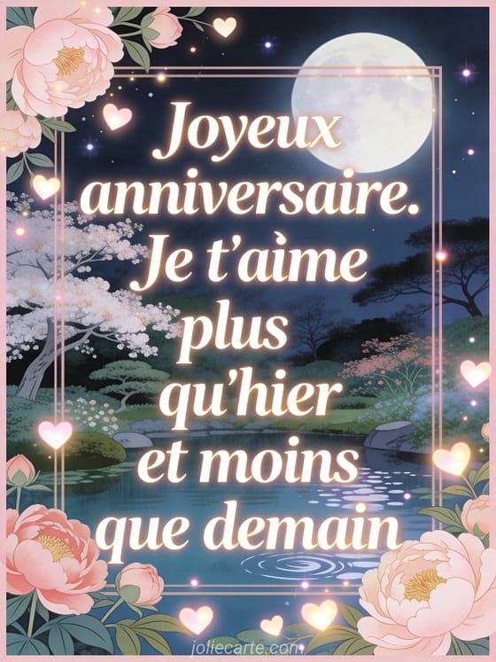 Jardin de nuit avec bassin, pivoines, lumières en forme de cœur, arbres fleuris et texte Joyeux anniversaire je t'aime