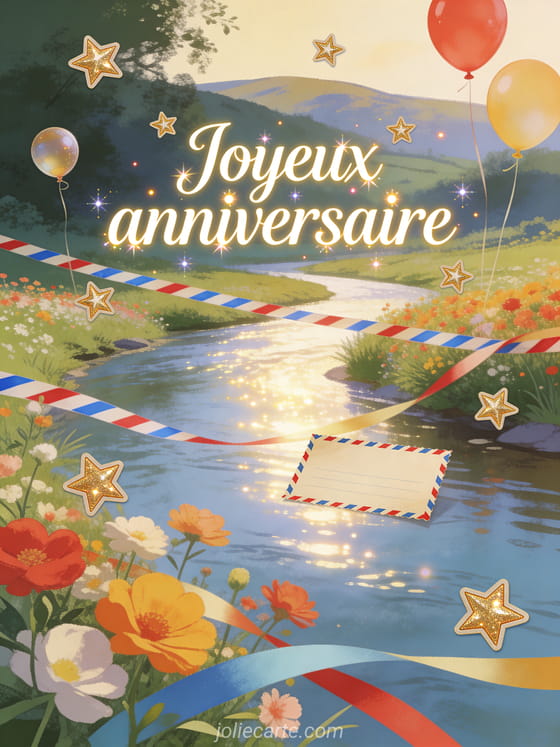 Texte Joyeux anniversaire en script lumineux, étoiles dorées, ballons, rivière, fleurs et bordures airmail rouges et bleues