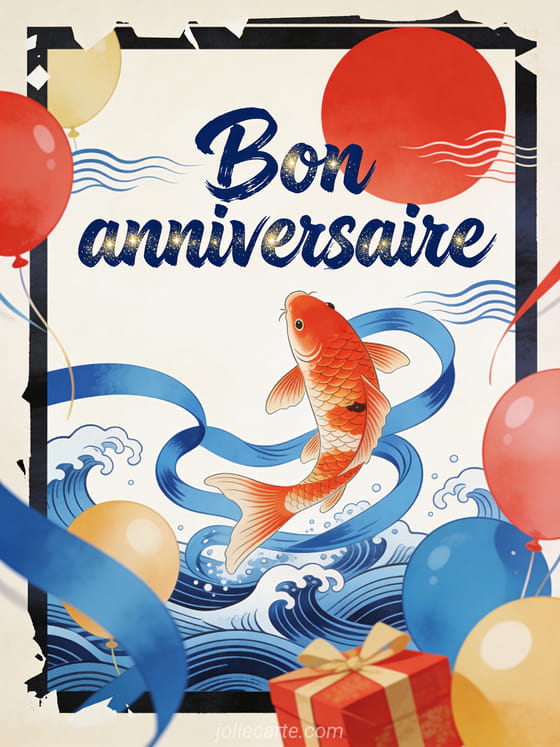 Illustration inspirée estampe japonaise avec poisson koi, vagues bleues, ballons, cadeaux et disque solaire rouge