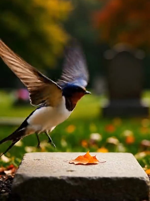 Carte animée anniversaire décès montrant un oiseau bleu et orange posé sur une tombe dans un cimetière automnal avec feuilles mortes