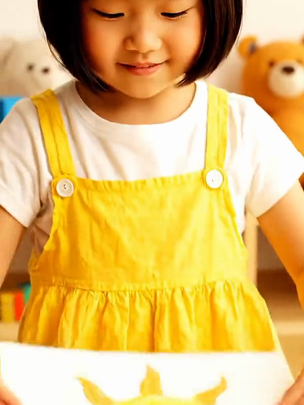 Carte animée citation sourire avec une petite fille asiatique en robe jaune montrant son dessin de soleil souriant