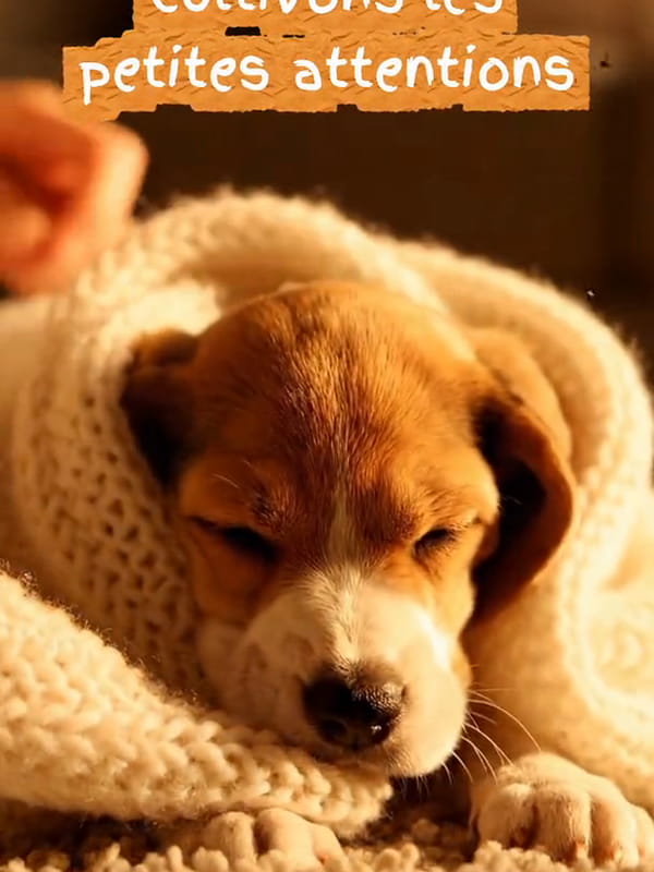 Carte animée merci gentillesse avec un chiot Jack Russell blanc et marron recevant des caresses et bâillant de bonheur