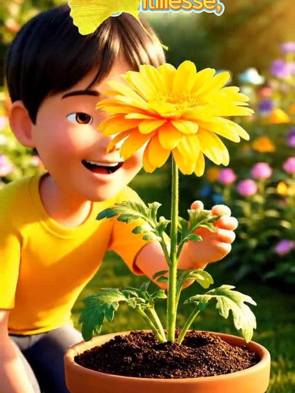 Carte animée citation joie avec un petit garçon en t-shirt jaune qui plante et fait pousser un tournesol radieux symbole de gentillesse
