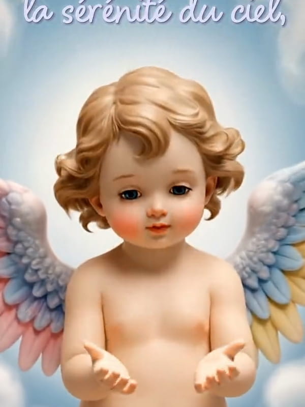 Carte animée Toussaint avec un ange bébé aux ailes arc-en-ciel tenant un lys blanc et un cœur rose lumineux sur fond de ciel bleu