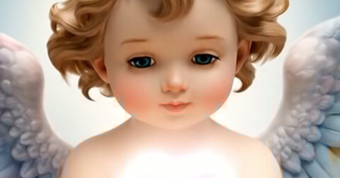 Carte animée Toussaint avec un ange bébé aux ailes arc-en-ciel tenant un lys blanc et un cœur rose lumineux sur fond de ciel bleu