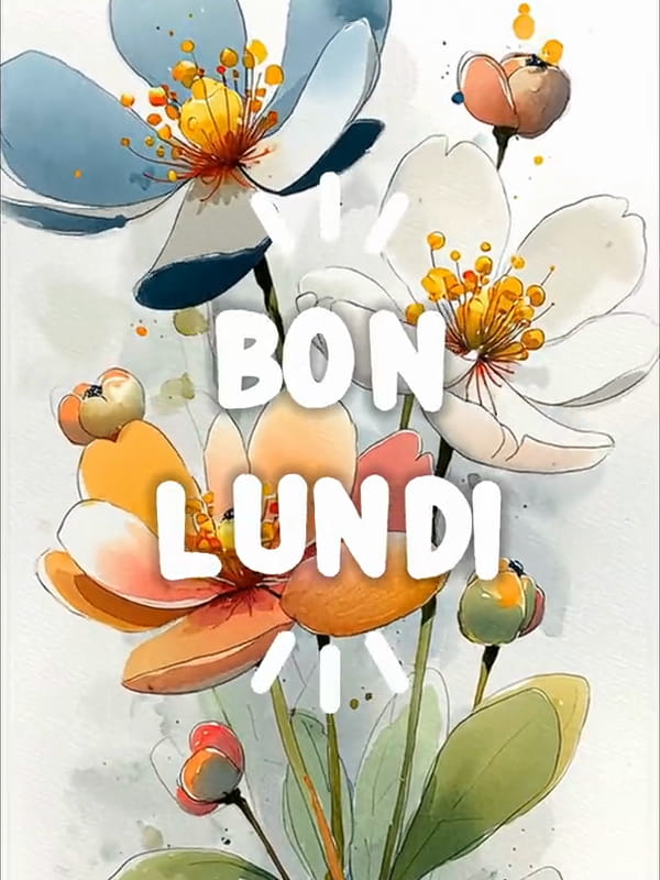 Carte animée bon lundi avec fleurs aquarelle bleu orange vert style délicat sur fond blanc épuré