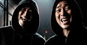 Três amigos com moletons pretos e capuz fingem uma emboscada numa viela escura, mas a brincadeira se revela uma surpresa de aniversário com muitas risadas.