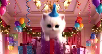 Um gatinho branco de chapéu de festa azul escala, esconde-se e descansa sobre uma grande pilha de presentes de aniversário coloridos em um ambiente festivo.