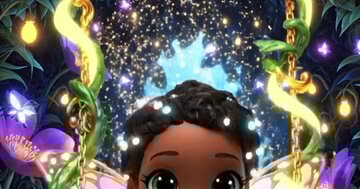 Postal virtual animado com uma jovem fada negra de tranças e asas translúcidas, a balançar-se num baloiço dourado, num jardim mágico com flores roxas e brilhos.