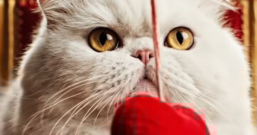 Cartão animado com um gato Persa branco sentado num trono. Ele parece rabugento, mas acaba por agarrar um coração vermelho de veludo com uma mensagem de amor.