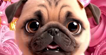 Cartão animado com um filhote de pug usando um laço rosa. Ele emerge de um cenário de bolo e doces cor-de-rosa para entregar um presente de aniversário.