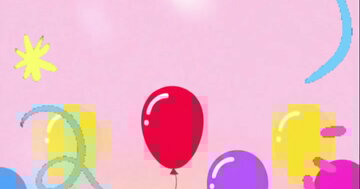 Cartão animado de aniversário para crianças com um grupo de personagens fofos a cantar, com chapéus de festa, rodeados de balões e confetis coloridos.