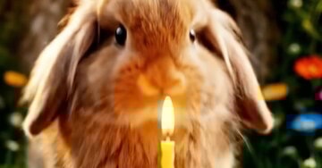 Um coelho-anão-de-orelhas-caídas com um chapéu de festa azul está diante de um bolo de aniversário com uma vela acesa, pronto para assoprar.