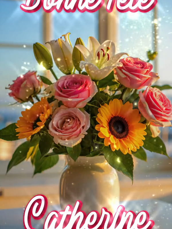 Gif anime carte sainte catherine avec un bouquet de roses tournesols et lys dans un vase blanc baigne de lumiere doree