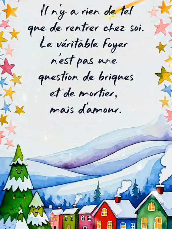 Carte animée montrant un village coloré sous la neige avec sapins et étoiles, citation sur le véritable foyer fait d'amour