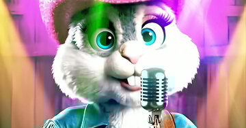 Um gato, uma coruja e uma coelha dão um show musical em um palco de madeira para comemorar o Ano Novo, que termina com fogos de artifício no céu.